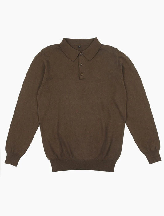 Dark Brown Wool Long Sleeve Knit Polo