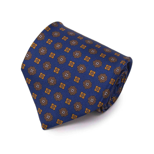 Navy Blue with Brown Flowers Pattern Silk Tie
